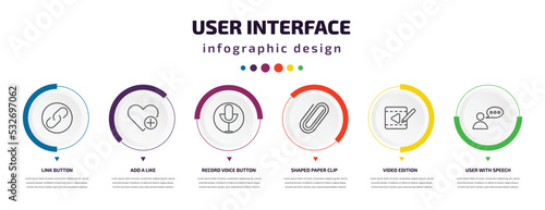 user interface infographic element with icons and 6 step or option. user interface icons such as link button, add a like, record voice button, shaped paper clip, video edition, user with speech
