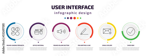 user interface infographic element with icons and 6 step or option. user interface icons such as round loading progress, office material, round volume button, pen writing a line, email evelope,