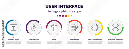 user interface infographic element with icons and 6 step or option. user interface icons such as download archive, extract button, cross, written paper, remove round button, email envelope button