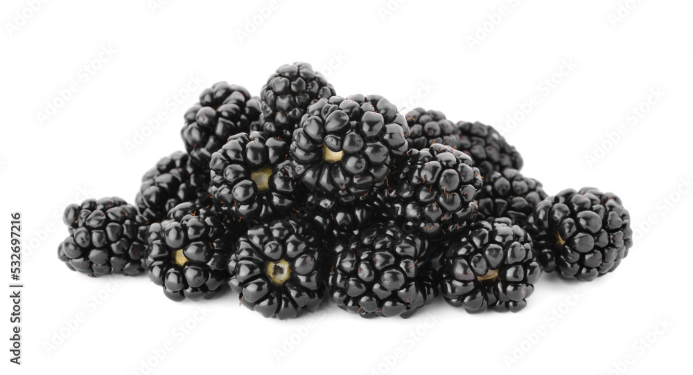 Many tasty ripe blackberries on white background