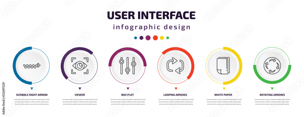 user interface infographic element with icons and 6 step or option. user interface icons such as scribble right arrow, viewer, box plot, looping arrows, white paper, rotating arrows vector. can be user interface infographic element with icons and 6 step or option. user interface icons such as scribble right arrow, viewer, box plot, looping arrows, white paper, rotating arrows vector. can be