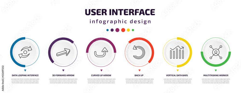 user interface infographic element with icons and 6 step or option. user interface icons such as data looping interface, 3d forward arrow, curved up arrow, back up, vertical data bars, multitasking user interface infographic element with icons and 6 step or option. user interface icons such as data looping interface, 3d forward arrow, curved up arrow, back up, vertical data bars, multitasking