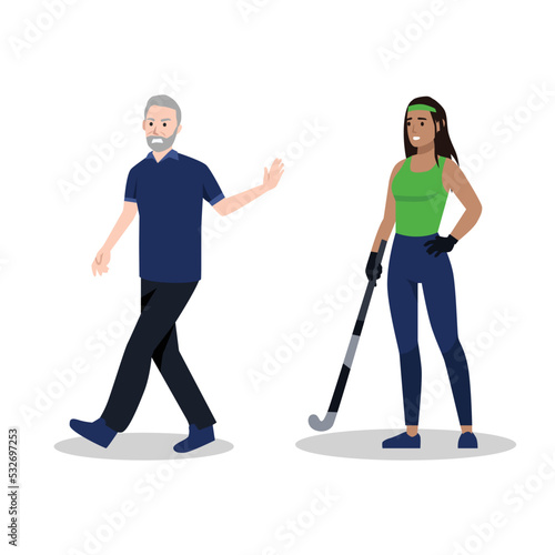 Golf coach walking away in anger because of his atlete. communicating. Communication of multinational friends. People conversation. Flat vector illustration isolated on white background