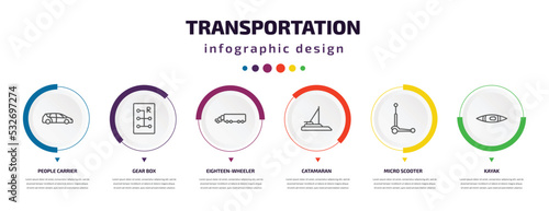 transportation infographic element with icons and 6 step or option. transportation icons such as people carrier, gear box, eighteen-wheeler, catamaran, micro scooter, kayak vector. can be used for