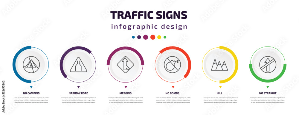 traffic signs infographic element with icons and 6 step or option. traffic signs icons such as no camping, narrow road, merging, no bombs, hill, no straight vector. can be used for banner, info traffic signs infographic element with icons and 6 step or option. traffic signs icons such as no camping, narrow road, merging, no bombs, hill, no straight vector. can be used for banner, info