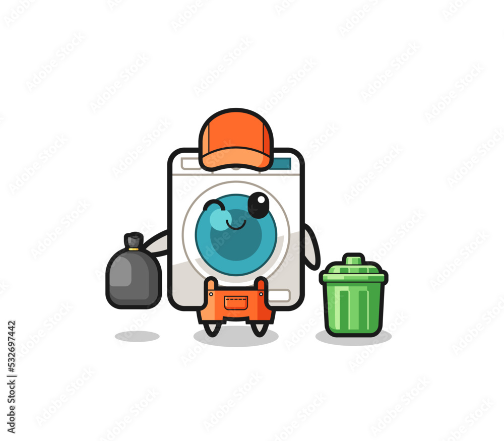 the mascot of cute washing machine as garbage collector