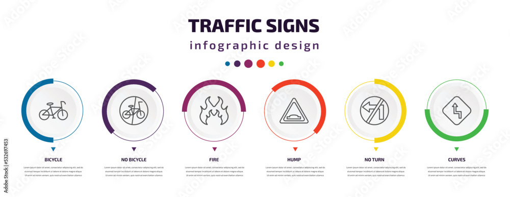 traffic signs infographic element with icons and 6 step or option. traffic signs icons such as bicycle, no bicycle, fire, hump, no turn, curves vector. can be used for banner, info graph, web, traffic signs infographic element with icons and 6 step or option. traffic signs icons such as bicycle, no bicycle, fire, hump, no turn, curves vector. can be used for banner, info graph, web,