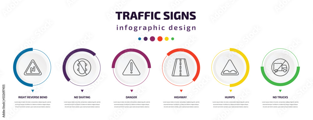 traffic signs infographic element with icons and 6 step or option. traffic signs icons such as right reverse bend, no skating, danger, highway, humps, no trucks vector. can be used for banner, info traffic signs infographic element with icons and 6 step or option. traffic signs icons such as right reverse bend, no skating, danger, highway, humps, no trucks vector. can be used for banner, info