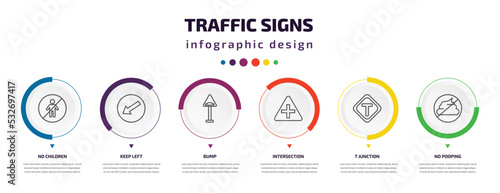 traffic signs infographic element with icons and 6 step or option. traffic signs icons such as no children, keep left, bump, intersection, t junction, no pooping vector. can be used for banner, info
