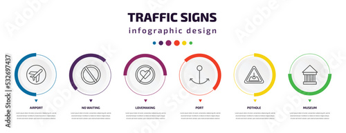 traffic signs infographic element with icons and 6 step or option. traffic signs icons such as airport, no waiting, lovemaking, port, pothole, museum vector. can be used for banner, info graph, web,
