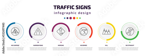 traffic signs infographic element with icons and 6 step or option. traffic signs icons such as no camping, narrow road, merging, no bombs, hill, no straight vector. can be used for banner, info