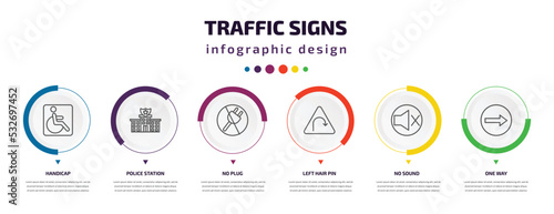 traffic signs infographic element with icons and 6 step or option. traffic signs icons such as handicap, police station, no plug, left hair pin, no sound, one way vector. can be used for banner, photo