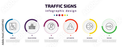 traffic signs infographic element with icons and 6 step or option. traffic signs icons such as handicap, police station, no plug, left hair pin, no sound, one way vector. can be used for banner,