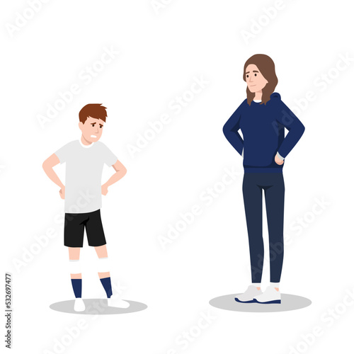 Sport coach punish her athlete. communicating. Communication of multinational friends. People conversation. Flat vector illustration isolated on white background