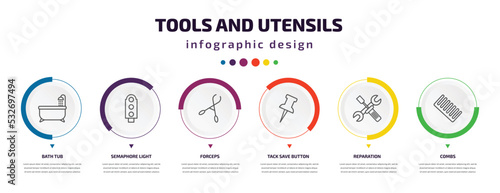 tools and utensils infographic element with icons and 6 step or option. tools and utensils icons such as bath tub, semaphore light, forceps, tack save button, reparation, combs vector. can be used
