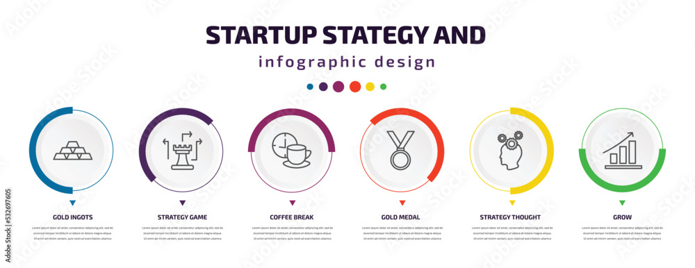 startup stategy and infographic element with icons and 6 step or option. startup stategy and icons such as gold ingots, strategy game, coffee break, gold medal, strategy thought, grow vector. can be startup stategy and infographic element with icons and 6 step or option. startup stategy and icons such as gold ingots, strategy game, coffee break, gold medal, strategy thought, grow vector. can be