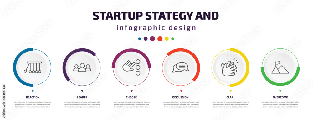 startup stategy and infographic element with icons and 6 step or option. startup stategy and icons such as reaction, leader, choose, discussion, clap, overcome vector. can be used for banner, info