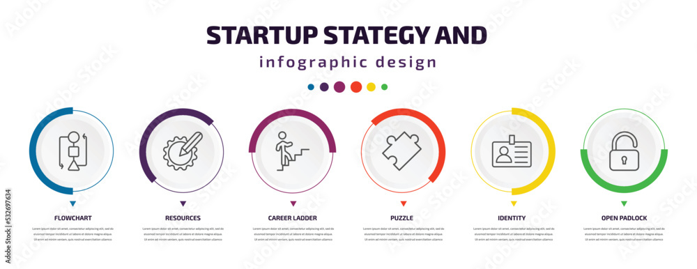 startup stategy and infographic element with icons and 6 step or option. startup stategy and icons such as flowchart, resources, career ladder, puzzle, identity, open padlock vector. can be used for