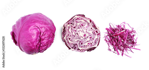 Fototapeta Naklejka Na Ścianę i Meble -  Fresh red cabbage on white background, top view