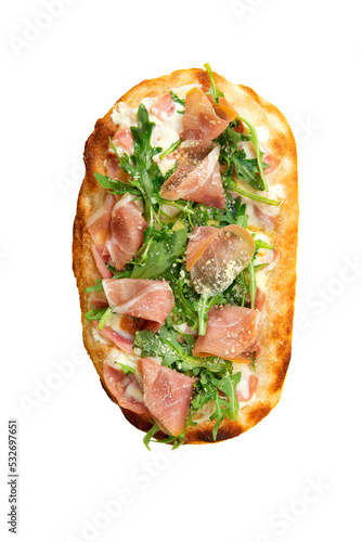 Roman pizza with ham and arugula. Transparent.