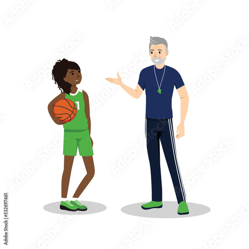 Basketball coach and his athlete communicating. Communication of multinational friends. People conversation. Flat vector illustration isolated on white background