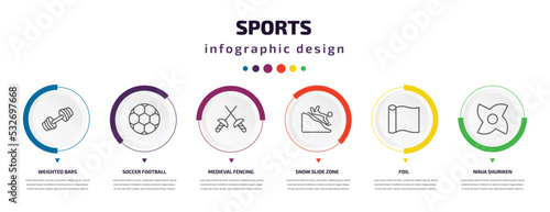 sports infographic element with icons and 6 step or option. sports icons such as weighted bars, soccer football ball, medieval fencing, snow slide zone, foil, ninja shuriken vector. can be used for