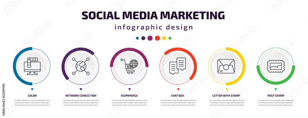 social media marketing infographic element with icons and 6 step or option. social media marketing icons such as color, network conecction, ecommerce, chat box, letter with stamp, post stamp vector. social media marketing infographic element with icons and 6 step or option. social media marketing icons such as color, network conecction, ecommerce, chat box, letter with stamp, post stamp vector.