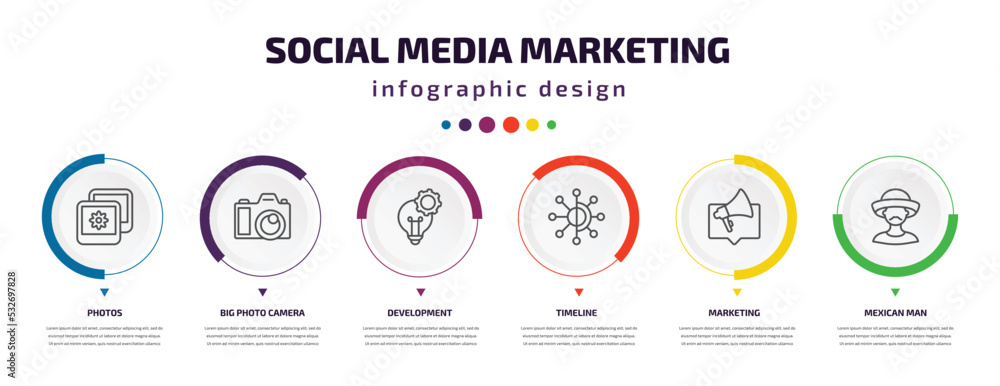 social media marketing infographic element with icons and 6 step or option. social media marketing icons such as photos, big photo camera, development, timeline, marketing, mexican man vector. can social media marketing infographic element with icons and 6 step or option. social media marketing icons such as photos, big photo camera, development, timeline, marketing, mexican man vector. can