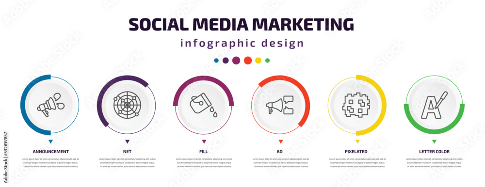 social media marketing infographic element with icons and 6 step or option. social media marketing icons such as announcement, net, fill, ad, pixelated, letter color vector. can be used for banner,