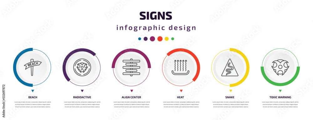 signs infographic element with icons and 6 step or option. signs icons such as beach, radioactive, align center, heat, snake, toxic warning vector. can be used for banner, info graph, web, signs infographic element with icons and 6 step or option. signs icons such as beach, radioactive, align center, heat, snake, toxic warning vector. can be used for banner, info graph, web,