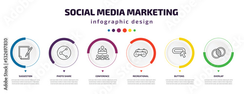 social media marketing infographic element with icons and 6 step or option. social media marketing icons such as suggestion, photo share, conference, recreational, buttons, overlap vector. can be