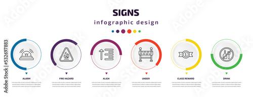 signs infographic element with icons and 6 step or option. signs icons such as alarm, fire hazard, align, under, class reward, drink vector. can be used for banner, info graph, web, presentations.