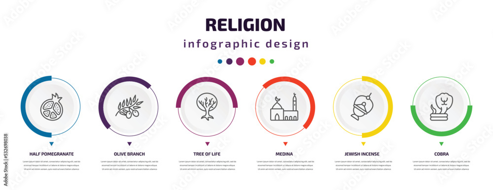 religion infographic element with icons and 6 step or option. religion icons such as half pomegranate, olive branch, tree of life, medina, jewish incense, cobra vector. can be used for banner, info religion infographic element with icons and 6 step or option. religion icons such as half pomegranate, olive branch, tree of life, medina, jewish incense, cobra vector. can be used for banner, info