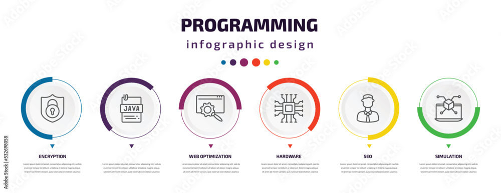 programming infographic element with icons and 6 step or option. programming icons such as encryption, , web optimization, hardware, seo, simulation vector. can be used for banner, info graph, web, programming infographic element with icons and 6 step or option. programming icons such as encryption, , web optimization, hardware, seo, simulation vector. can be used for banner, info graph, web,