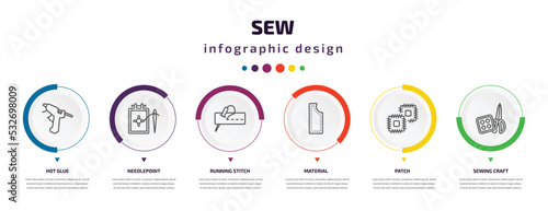 sew infographic element with icons and 6 step or option. sew icons such as hot glue, needlepoint, running stitch, material, patch, sewing craft vector. can be used for banner, info graph, web,