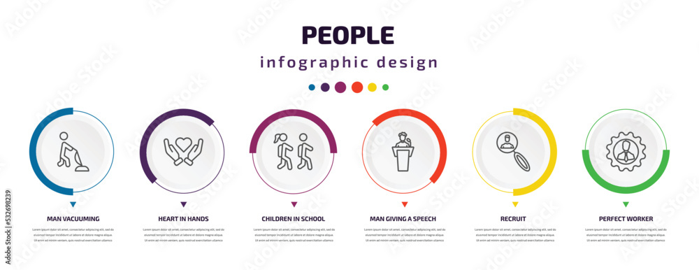 people infographic element with icons and 6 step or option. people icons such as man vacuuming, heart in hands, children in school, man giving a speech, recruit, perfect worker vector. can be used people infographic element with icons and 6 step or option. people icons such as man vacuuming, heart in hands, children in school, man giving a speech, recruit, perfect worker vector. can be used