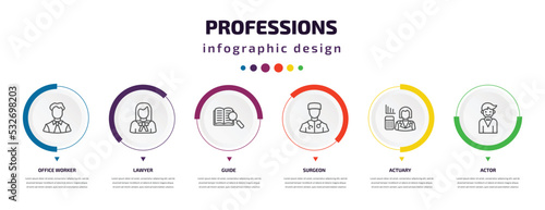professions infographic element with icons and 6 step or option. professions icons such as office worker, lawyer, guide, surgeon, actuary, actor vector. can be used for banner, info graph, web,