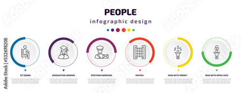 people infographic element with icons and 6 step or option. people icons such as sit down, graduating woman, postman working, matrix, man with money, man with open lock vector. can be used for