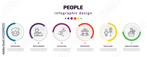 people infographic element with icons and 6 step or option. people icons such as hipster smile, waiter working, ski stick man, team success, traffic hand, judge with hammer vector. can be used for