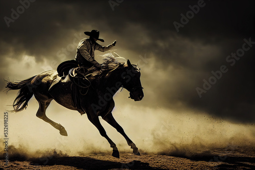 Photographie Cowboy taming a wild horse