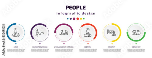 people infographic element with icons and 6 step or option. people icons such as patien, firefighter working, woman and man partners, bestman, architect, women suit vector. can be used for banner,