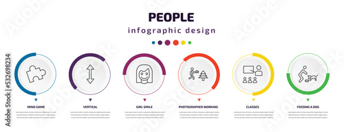 people infographic element with icons and 6 step or option. people icons such as mind game, vertical, girl smile, photographer working, classes, feeding a dog vector. can be used for banner, info