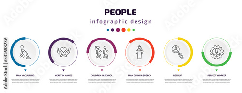 people infographic element with icons and 6 step or option. people icons such as man vacuuming, heart in hands, children in school, man giving a speech, recruit, perfect worker vector. can be used