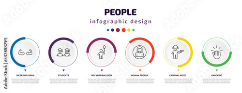 people infographic element with icons and 6 step or option. people icons such as biceps of a man, students, boy with balloon, woman profile, criminal heist, knocking vector. can be used for banner,