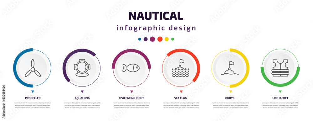 nautical infographic element with icons and 6 step or option. nautical icons such as propeller, aqualung, fish facing right, sea flag, buoys, life jacket vector. can be used for banner, info graph, nautical infographic element with icons and 6 step or option. nautical icons such as propeller, aqualung, fish facing right, sea flag, buoys, life jacket vector. can be used for banner, info graph,