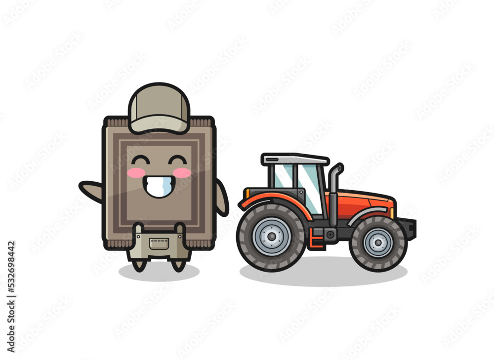 the carpet farmer mascot standing beside a tractor