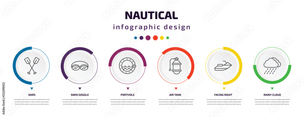 nautical infographic element with icons and 6 step or option. nautical icons such as oars, swin goggle, porthole, air tank, facing right, rainy cloud vector. can be used for banner, info graph, web, nautical infographic element with icons and 6 step or option. nautical icons such as oars, swin goggle, porthole, air tank, facing right, rainy cloud vector. can be used for banner, info graph, web,