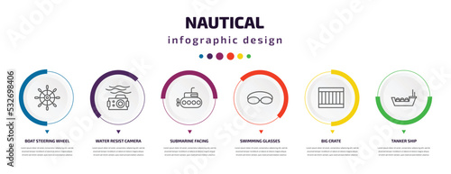 nautical infographic element with icons and 6 step or option. nautical icons such as boat steering wheel, water resist camera, submarine facing right, swimming glasses, big crate, tanker ship