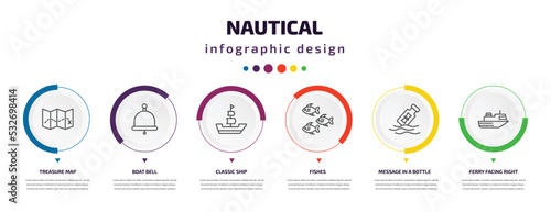 nautical infographic element with icons and 6 step or option. nautical icons such as treasure map  boat bell  classic ship  fishes  message in a bottle  ferry facing right vector. can be used for