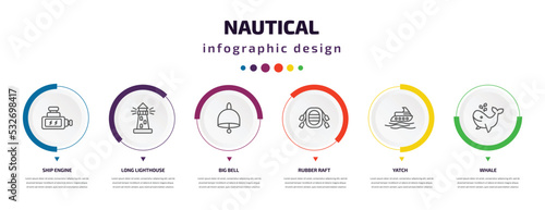 nautical infographic element with icons and 6 step or option. nautical icons such as ship engine, long lighthouse, big bell, rubber raft, yatch, whale vector. can be used for banner, info graph,